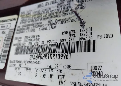 2013 Ford Fusion Se z USA, uszkodzony, nr VIN 3FA6P0HR1DR109961